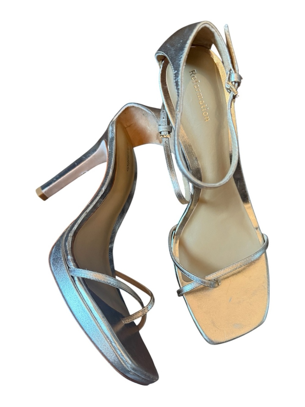 NEW Reformation Gilda Platform Ankle Strap Gold Sandals Size 8.5